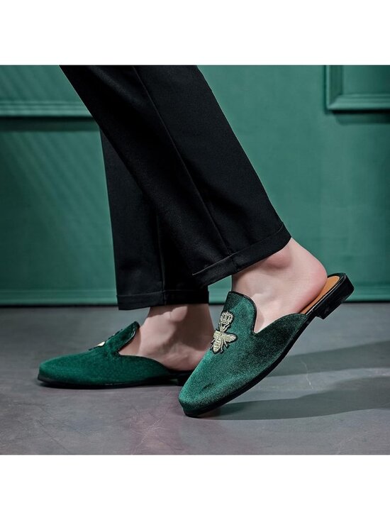 Men\'s Green Rubber Sole Velvet Leather Crown Embroidery Slip On Loafer Slippers main image 4